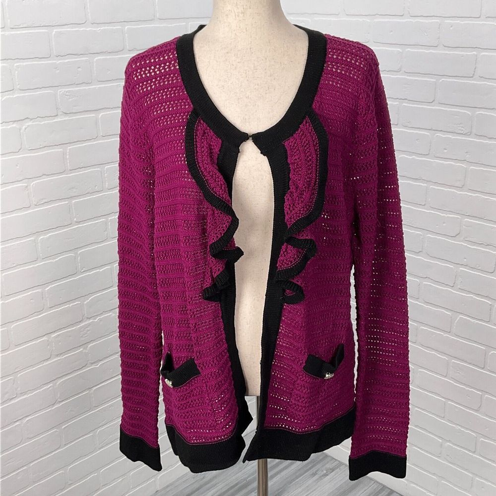 Roz Ali Cardigan Women XL Fuschia Black Shimmer Knit Ruffle Sheer Sweater‎